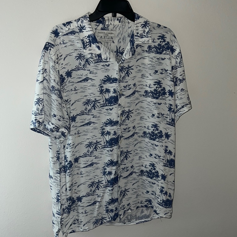Nickel & Iron Hawaiian shirt sleeves buttoned down men’s white blue shirt Sz L‎